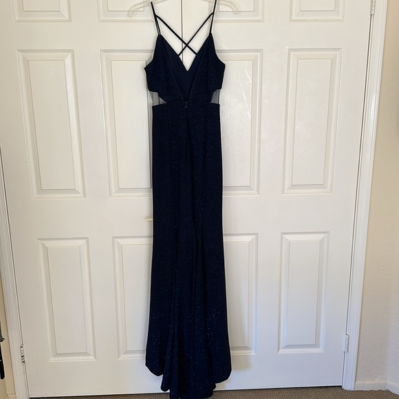 Navy Sparkly Dress with Side Cutouts and Front Slit with Cross V Neckline Size 9 - Picture 3 of 8